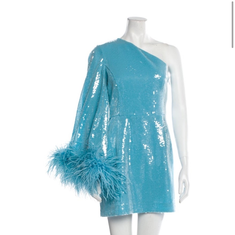 REBECCA VALLANCE
Nicolette One-Shoulder Feather-Trimmed Sequined Mini Dress